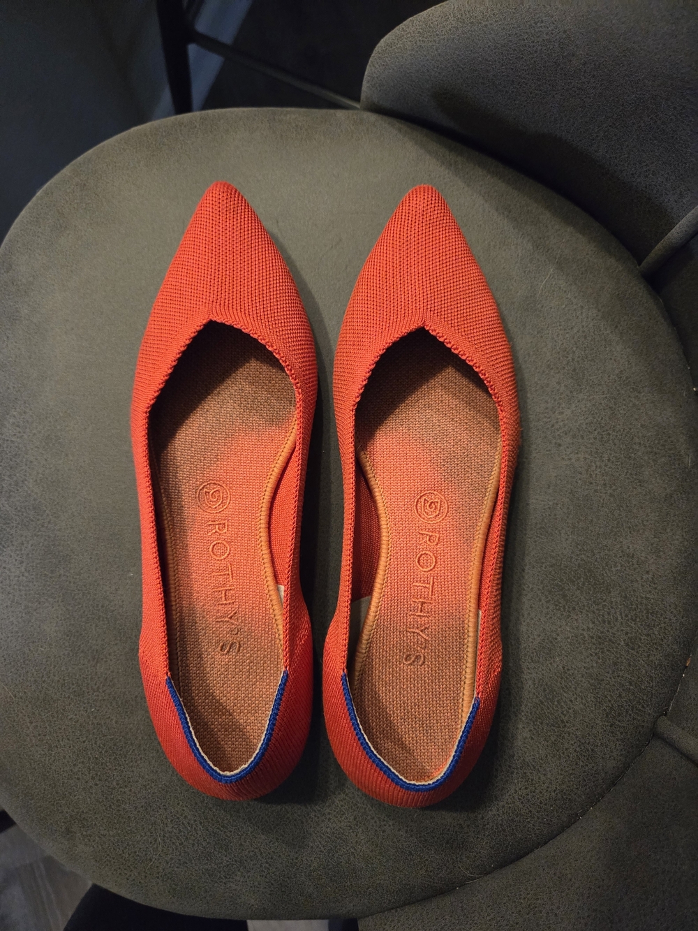 Rothy's Pointed-Toe Knit Flats in Bright Red with Blue Heel Trim
